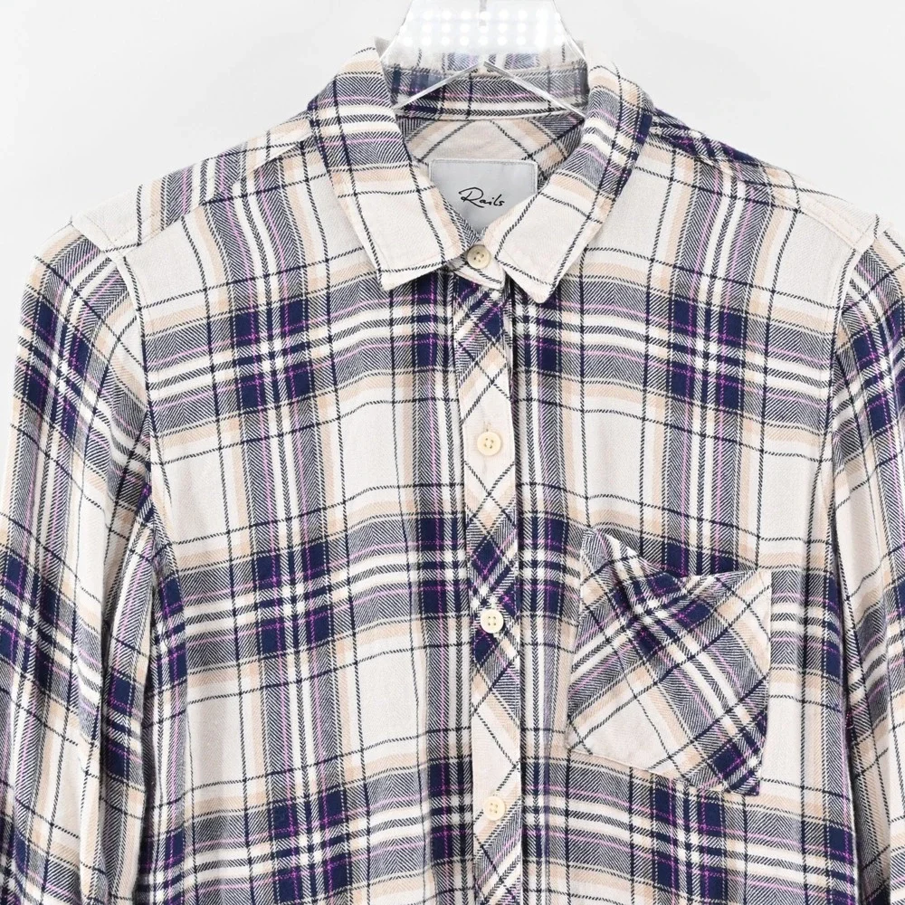 RAILS‎ Hunter Top Womens Size S Button Blouse Stone Navy Fucshia Plaid Western - Picture 9 of 12